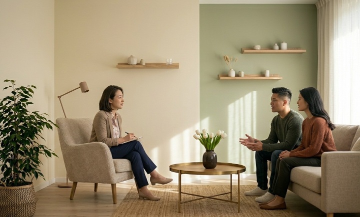 伴侣与咨询师对话的温馨咨询室
